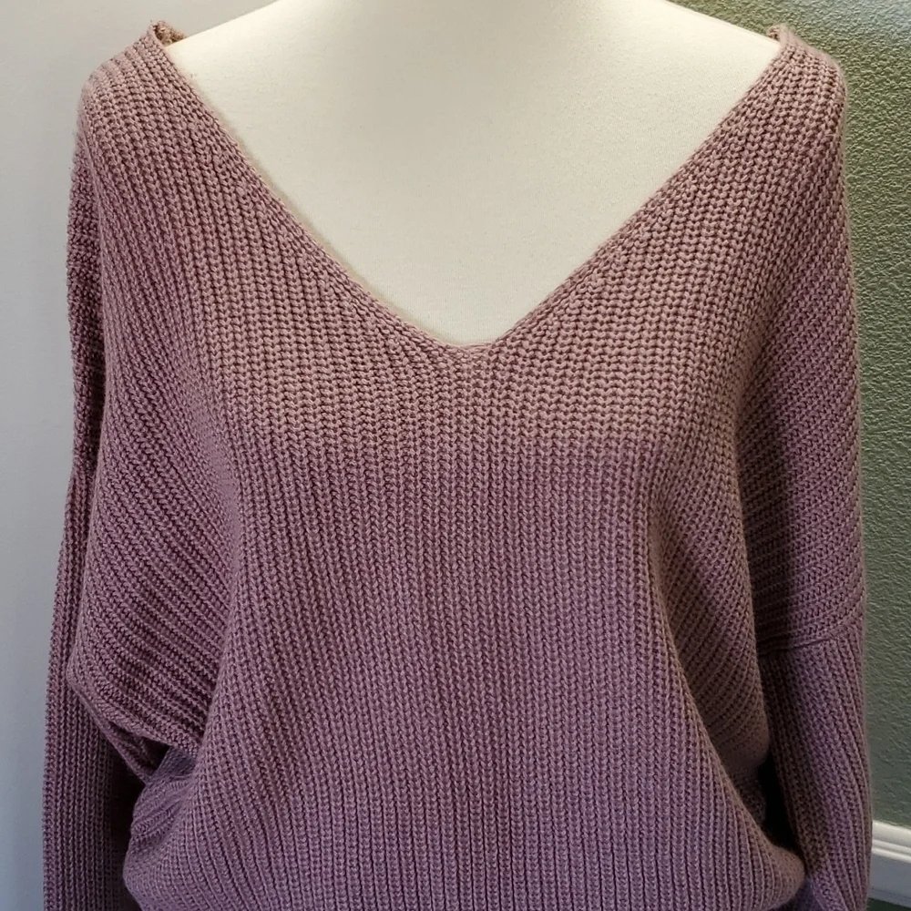 "Love Tree" Long-Sleeve Waffle Knit Sweater, with V-neck Front & Twisted Back - Picture 6 of 14